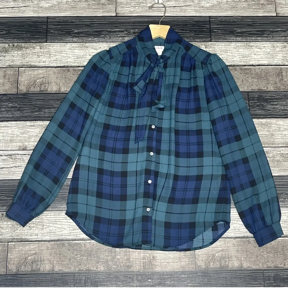 J CREW Blouse Womens Size XXS Green Navy Plaid Tie Neck Long Sleeve‎ Shirt